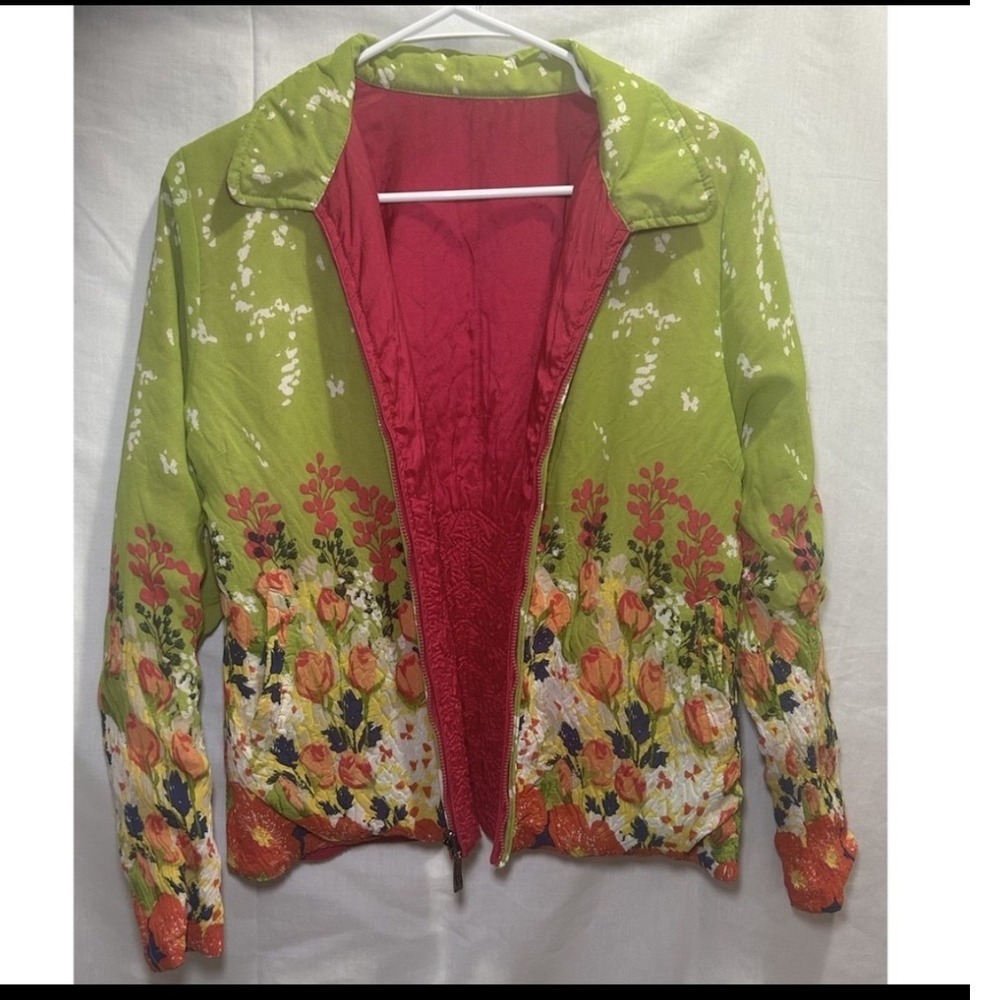 UBU Express Yourself Reversible Floral Jacket Green Pink Quilted Art to Wear